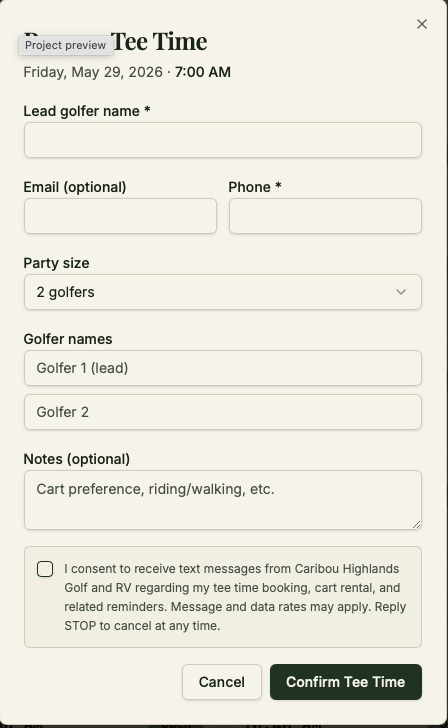 Screenshot of the Caribou Highlands Golf and RV booking form showing the SMS opt-in checkbox and consent language